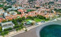 Funchal, Madeira. Aerial view of city center from a drone flying over the port Royalty Free Stock Photo