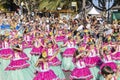 Funchal, Madeira - May 8, 2022: The famous Flower Festival Festa da flor in Madeira. Children dancing in the flower parade in