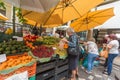 FUNCHAL, MADEIRA, PORTUGAL - JUNE 29, 2015: Bustling fruit and vegetable market in Funchal Madeira on June 29, 2015. Royalty Free Stock Photo