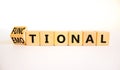 Functional or emotional symbol. Turned wooden cubes and changed the word emotional to functional. Beautiful white table white Royalty Free Stock Photo