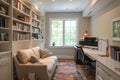 A functional living room with a comfortable couch, a practical desk, and a spacious bookshelf, A spare room transformed into a