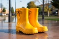 Functional style, Array of yellow rain boots highlighted on a white isolated background