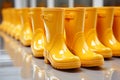 Functional style, Array of yellow rain boots highlighted on a white isolated background