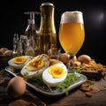 Functional Tray With Eggs, Bread, And Beer: A Fusion Of Eastern And Western Flavors