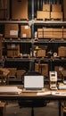Functional warehouse workspace featuring a central laptop, barcode scanner, and packing supplies Royalty Free Stock Photo