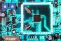 Electronic chip circuit board glowing