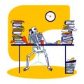 Functioning Capacity, Hard Working Concept. Skeleton Businessperson Character Sitting at Office Desk with Piles of Paper