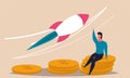 Fund raising with support startup rocket. Community people help and donate coin vector illustration concept. Finance crowdfunding