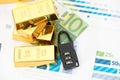 Fund security concept consisting of gold bars and euro banknotes and a combination lock Royalty Free Stock Photo