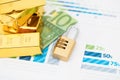 Fund security concept consisting of gold bars and euro banknotes and a combination lock Royalty Free Stock Photo