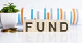 FUND word letters on the wooden blocks with coins. BUSINESS concept