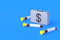 Funding for a scientific laboratory. Medical insurance. Money briefcase and test-tube