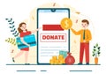 Fundraising Charity and Donation Vector Illustration with Volunteers Putting Coins or Money in Donation Box in Financial Support