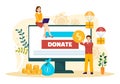 Fundraising Charity and Donation Vector Illustration with Volunteers Putting Coins or Money in Donation Box in Financial Support