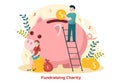 Fundraising Charity and Donation Vector Illustration with Volunteers Putting Coins or Money in Donation Box in Financial Support