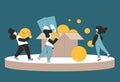 Fundraising concept. Young people raising money together. Teenagers with huge coins, greenbacks and box. Line art vector Royalty Free Stock Photo