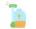 Fundraising tracker. Goal thermometer and jar with grown money