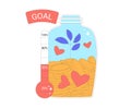 Fundraising tracker. Goal thermometer and jar with grown money Royalty Free Stock Photo