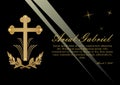 Funeral announcement in luxurious design. Luxurious obituary with golden crucifix and lawrence branches on black