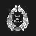 Funeral banner with Rest in peace text in flowers wreath