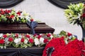 Funeral, beautifully decorated with flower arrangements coffin Royalty Free Stock Photo