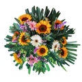 Funeral bouquet garland flower arrangement mixes sunflowers and gerberas with statice flowers and tropical foliage fern,