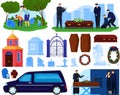 Funeral burial cemetery death ceremony vector illustration set, cartoon flat sad people, ceremonial hearse car near