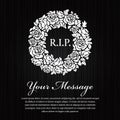 Funeral card - R.I.P. text in circle white wreath rose on black wood background vector design