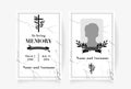 Funeral card template design with branches place under photo cross name and dates of death. Vector illustration in black