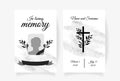 Funeral card template design with branches place under photo cross name and dates of death. Vector illustration in black