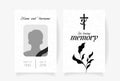 Funeral card template design with branches place under photo cross name and dates of death. Vector illustration in black