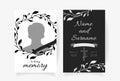 Funeral card template design with branches place under photo cross name and dates of death. Vector illustration in black