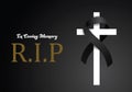 Funeral Card Vector Template. Black ribbon on white cross. Obituary memorial, gravestone funeral card design. Golden text RIP on Royalty Free Stock Photo
