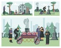 Funeral cemetery ceremony vector illustrations set, grave with sad people standing around coffin, Priest burial service Royalty Free Stock Photo