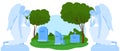 Funeral cemetery graveyard vector illustration, cartoon flat old marble tomb stones or gravestones with christian cross