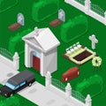 Funeral and cemetery isometric vector illustration. Include church, graves with cross, tombstone, coffin and monument