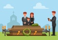 Funeral ceremonial in christian religion. people sad family member passed away concept scene illustration in cartoon vector Royalty Free Stock Photo