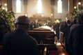 Funeral coffin,group of black sad people grieving and mourning, loss of family, african american friends at church. Generative AI