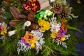 Funeral concept and floral decoration on grave in cemetery in All Saints Day