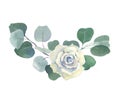 Funeral floral arrangement, white flowers rose and eucalyptus wreath, hand drawn watercolor illustration