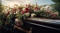 Funeral mourning ceremony, coffin with flowers. Generative AI