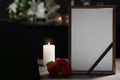Funeral photo frame with black ribbon, roses Royalty Free Stock Photo