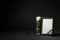 Funeral photo frame with ribbon and white rose on black. Space for design Royalty Free Stock Photo