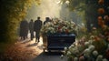 Funeral procession to the cemetery with a coffin and a handful of flowers Royalty Free Stock Photo