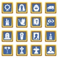 Funeral ritual service icons set blue square