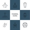 Funeral service icon set in linear style.