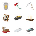 Funeral services icons set, cartoon style