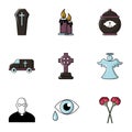 Funeral symbols icons set, flat style Royalty Free Stock Photo