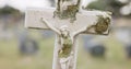 Funeral, tombstone or Jesus Christ on cross in cemetery for death ceremony, religion or memorial service. Symbol Royalty Free Stock Photo