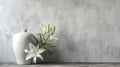 Funeral urn and lily flowers on gray wall background. Cremation, condolence, grieving card concept